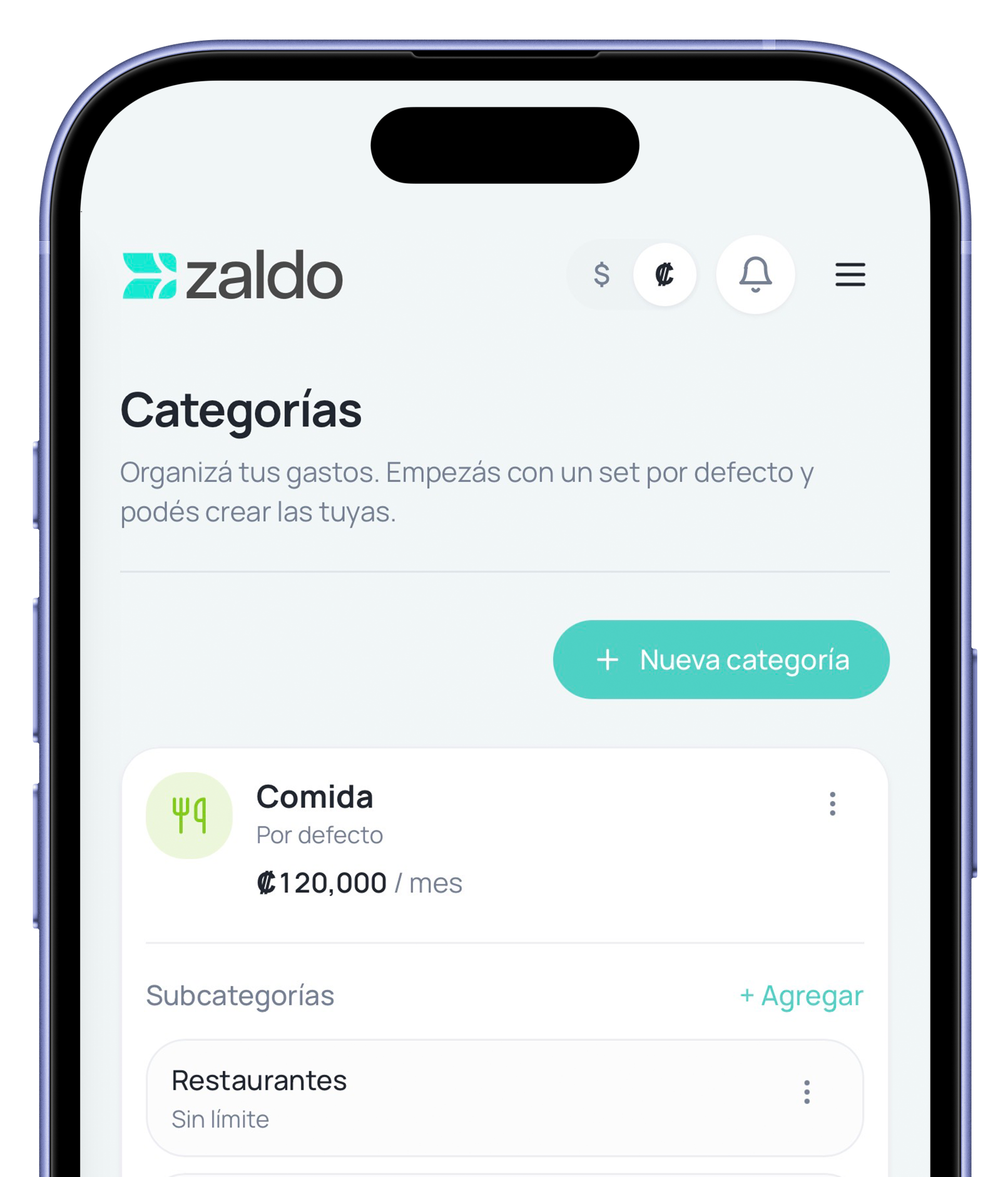 Pantalla de categorías en Zaldo