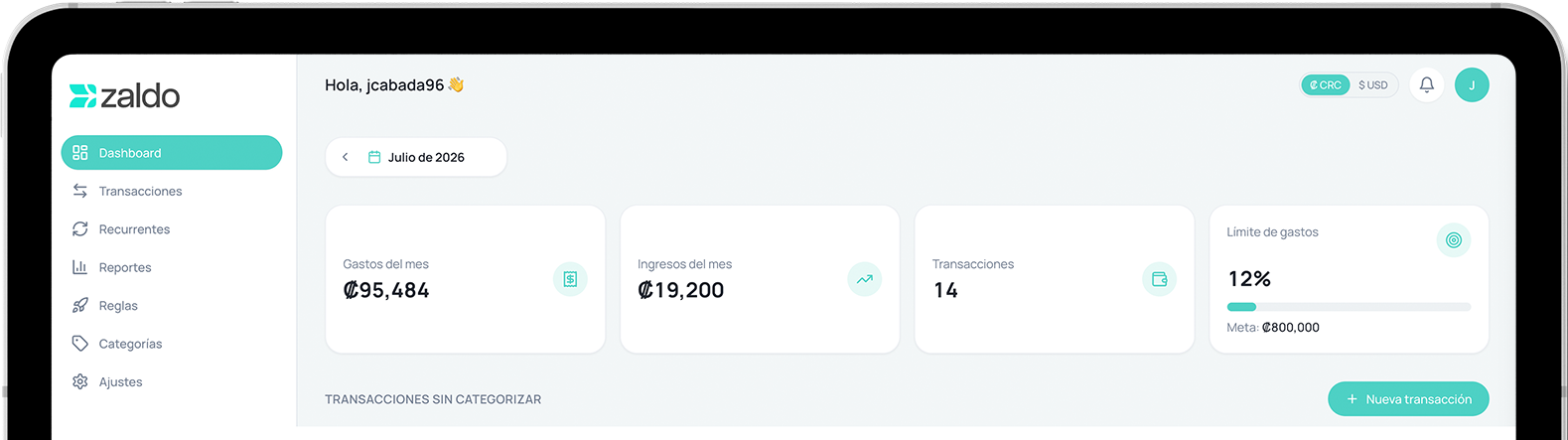 Dashboard de Zaldo con gastos, ingresos y transacciones del mes