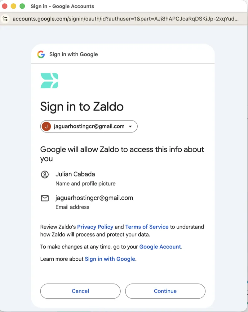 Pantalla de Google para confirmar la cuenta de Gmail y continuar con Zaldo