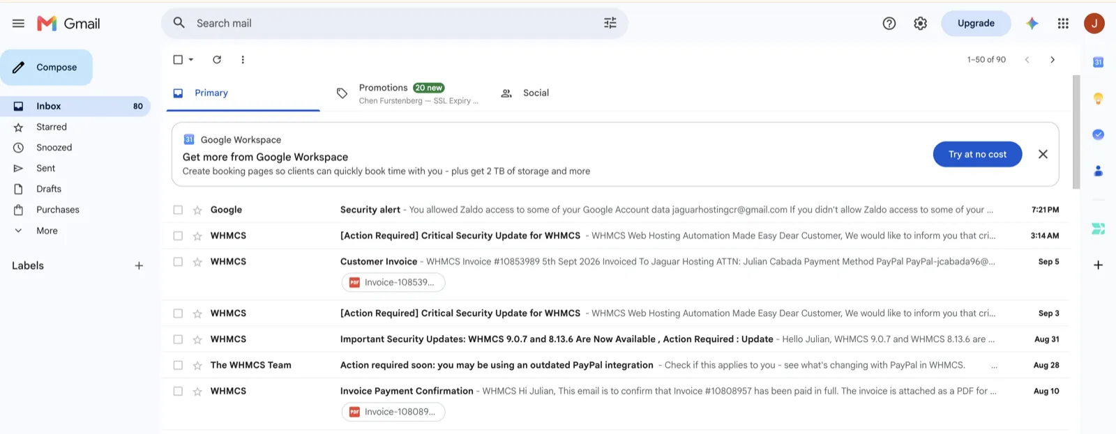Gmail en computadora con el ícono turquesa de Zaldo en la barra lateral derecha