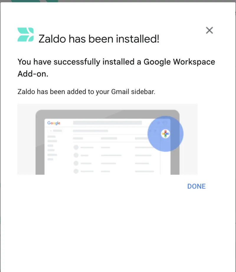 Confirmación Zaldo has been installed con el botón Done