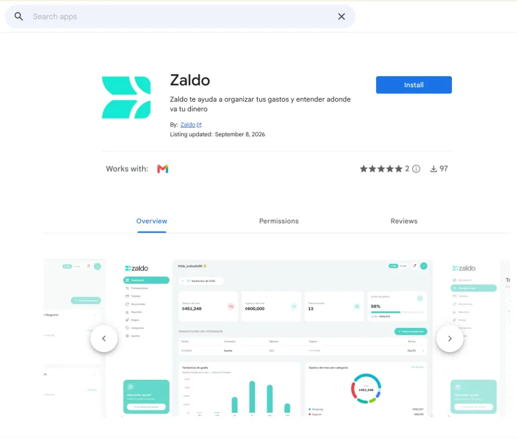 Ficha de Zaldo en Google Workspace Marketplace con el botón Install