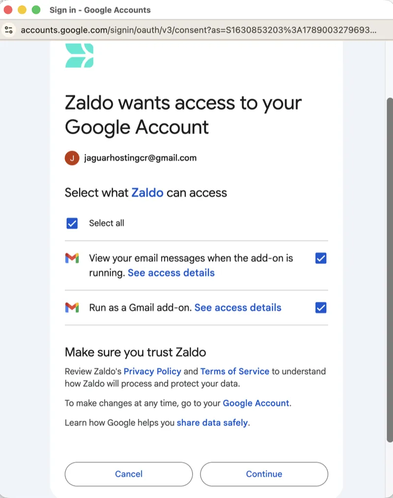 Permisos de Zaldo con Select all marcado y el botón Continue al final