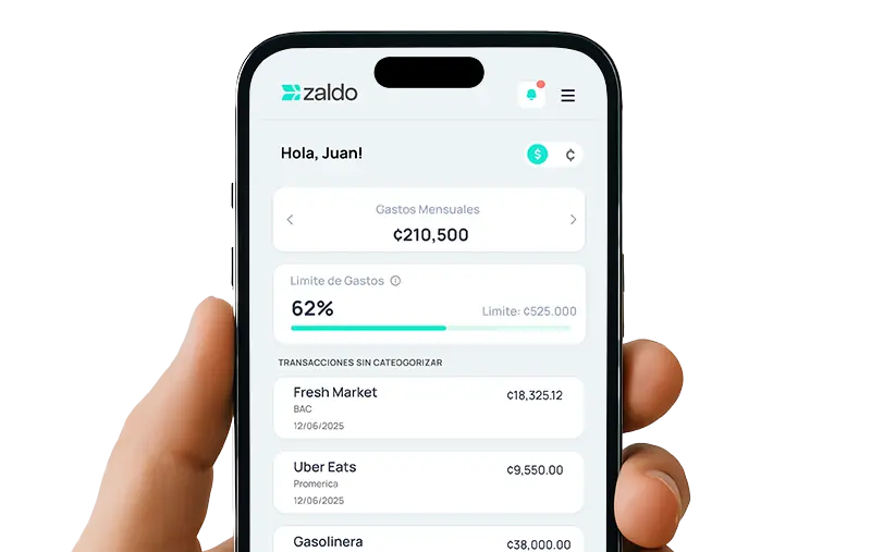 Dashboard de Zaldo mostrando el balance mensual y las categorías de gasto de una cuenta en Costa Rica